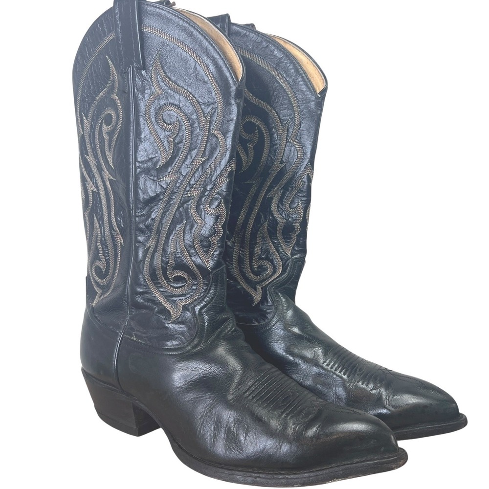 Tony Lama Cowboy Boots Mens Black Size 9EE Leather Pointed Toe Western Stitching
